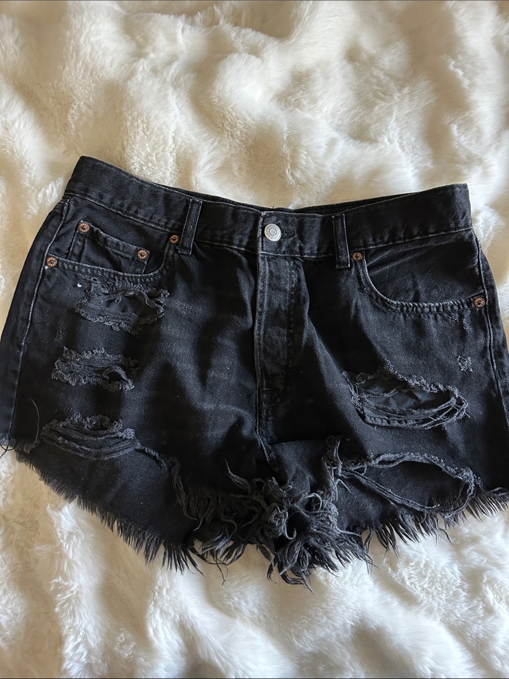 Distressed Black Denim Women's Shorts - Picture 1 of 6